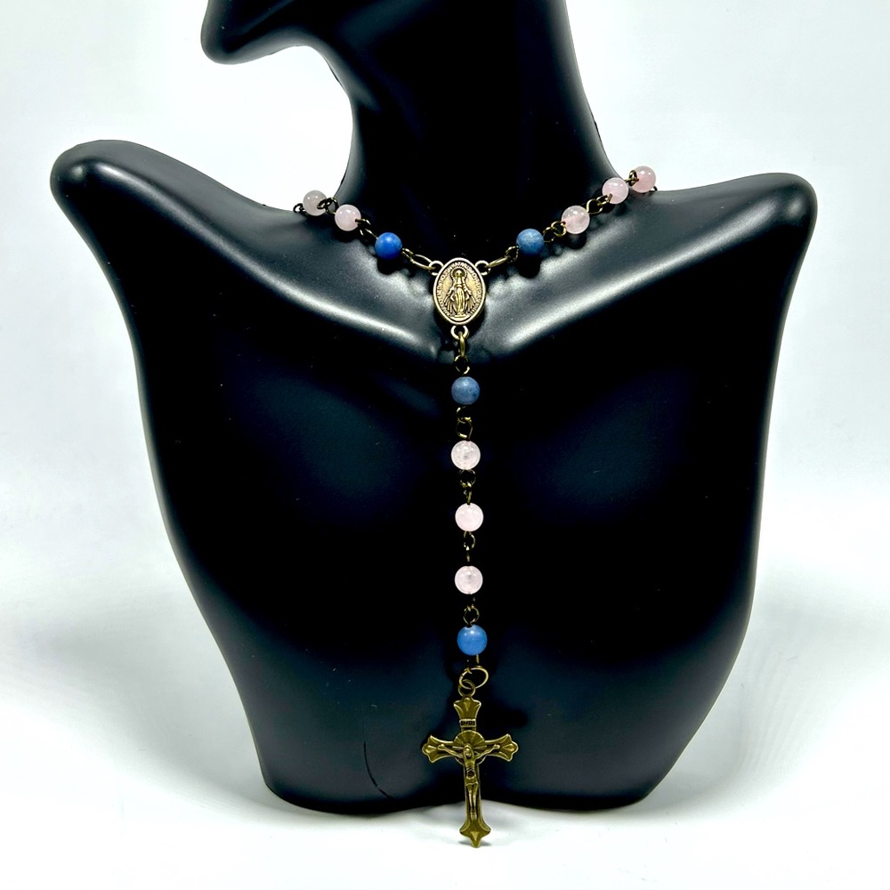 Handmade Rosary Necklace with Blue Sodalite & Crystal Quartz Gemstones!